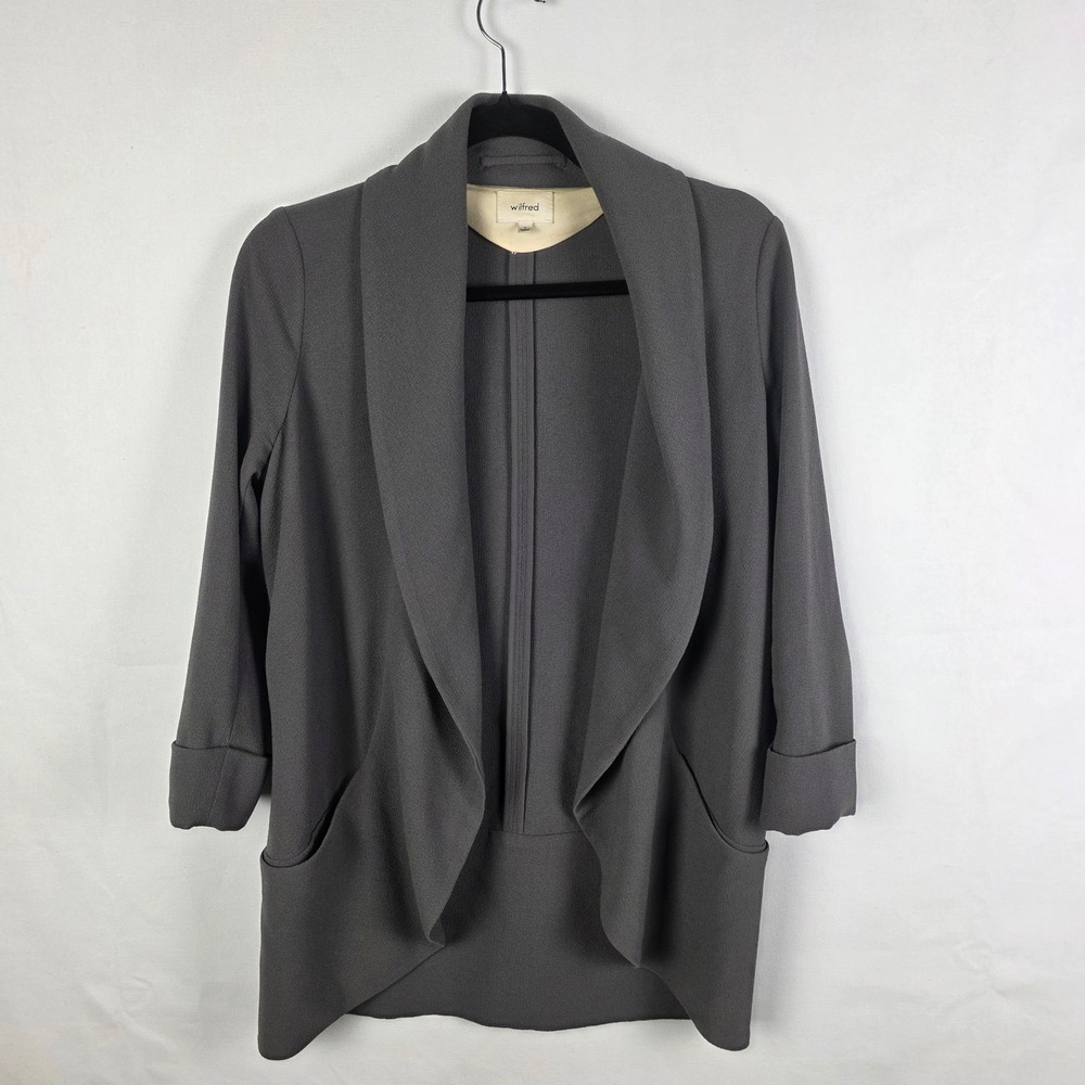 Wilfred Aritzia Chevalier Blazer Charcoal Grey Open Front Silk Trim Size 2